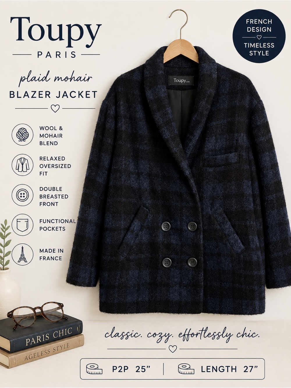 Toupy Paris Plaid Mohair Wool Blend Double Breasted Blazer Jacket